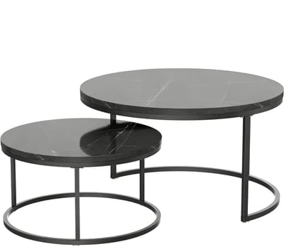 MODFU Salontafel set van 2 – 80x80 & 60x60 cm – Vierkante nestbare bijzettafels met marmerlook – Ruimtebesparend – Voor woonkamer – MDF – Zwart