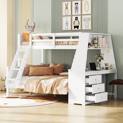 Wishdor Stapelbed 90/140x200 cm - Met Bureau & Boekenkast - Inclusief 3 Lades & Opbergvak - Compleet & Slim - Grenen & MDF - Wit