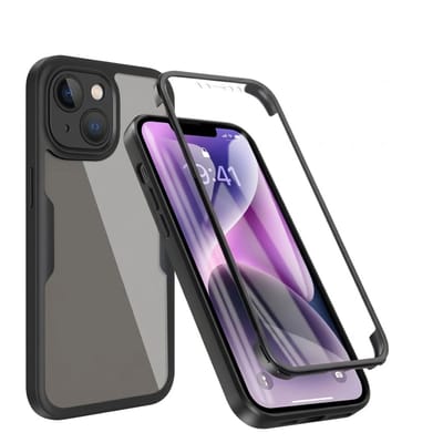 Zwart transparant telefoon hoesje geschikt voor iPhone 14 / 13 – schokbestendige case met voor en achterkant bescherming – full body cover – harde rand en doorzichtig design – dames en heren