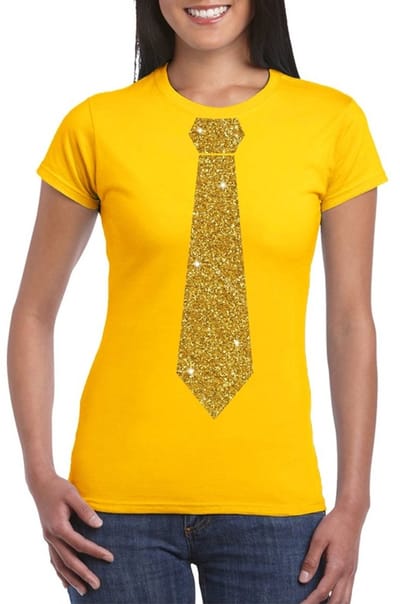 Geel fun verkleed t-shirt - met stropdas - in glitter goud - dames - korte mouwen XL