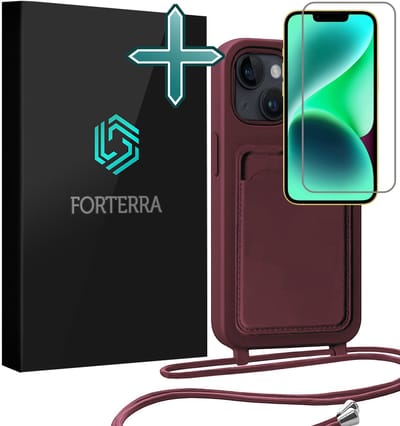 Hoesje Geschikt voor iPhone 13 Pashouder Case Siliconen Hoes Met Koord Met Screenprotector - Hoes Geschikt voor iPhone 13 Met Telefoonkoord Hoesje Back Cover Met Pasjeshouder - Aubergine