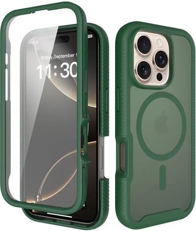 Hoesje met Ingebouwde Screenprotector Geschikt voor Apple iPhone 16 Pro - Compatibel met MagSafe / Qi2 - Full Protect - Schokbestendige Beschermhoes - Case Matte Groen