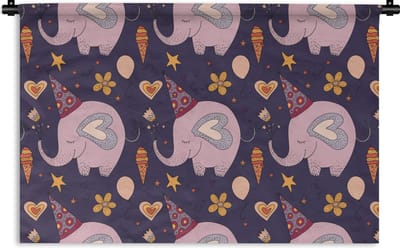 Wandkleed - Wanddoek - Verjaardag - Olifant - Bloemen - Patronen - 90x60 cm - Wandtapijt