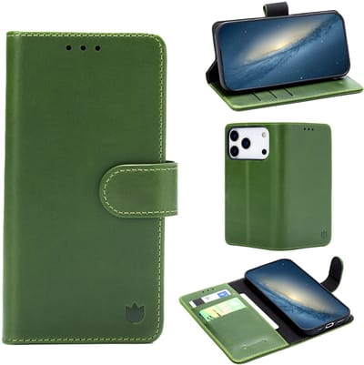 Casemania Echt Leren Hoesje Geschikt voor Apple iPhone 17 Pro - Olive Green - Leer Book Cover - Portemonnee Telefoonhoesje met Pasjeshouder