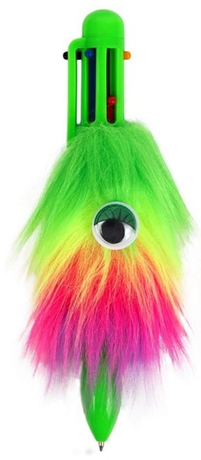 Fluffy Regenboog Balpen - 6-in-1 Meerkleurenpen - Regenboogvacht Design met Wiebeloog - Trendy Stationery & Cadeautip