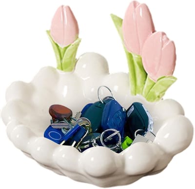 Keramische Sieradenbak - Opbergbakje Bureau - Kleine Spullen Organiseren - Bloemvorm Decoratief - 19 cm - Wit