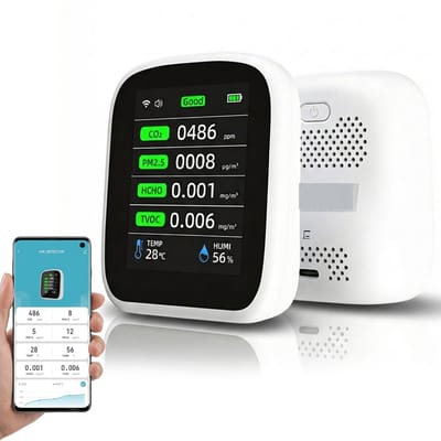 Frasco CO2 meter - Luchtkwaliteitsmeter - 8 In 1 - Met hygrometer en thermometer - Inclusief Alarmsysteem - Draagbaar & oplaadbaar - Zelfkalibrerende NDIR sensor - LED scherm - Inclusief E-Book