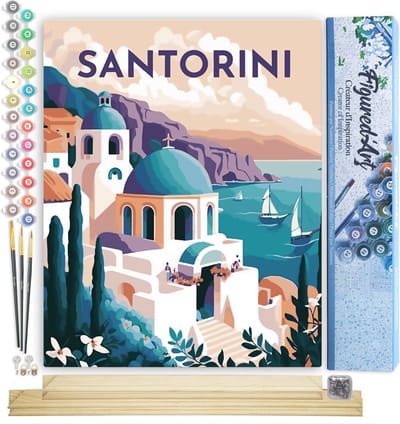 Figured'Art Schilderen op Nummer Volwassenen canvas Reisposter Santorini- Handwerk acrylverf Kit DIY Compleet - 40x50cm met DIY houten lijst