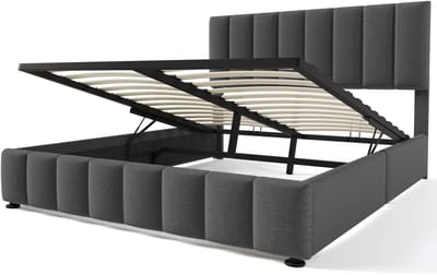 COVREO Tweepersoonsbed met opbergruimte – 140x200 cm – Gestoffeerd bed met verstelbaar hoofdeinde – bedframe met metalen lattenbodem – Grijs - met matras