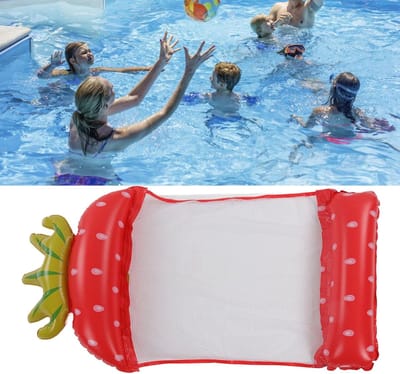 Rode Aardbei Waterhangstoel (135×66cm) – Schattige Opblaasbare Drijfstoel met Verkoelend Net en Aardbeiendesign, Voor Zwembad en Strand
