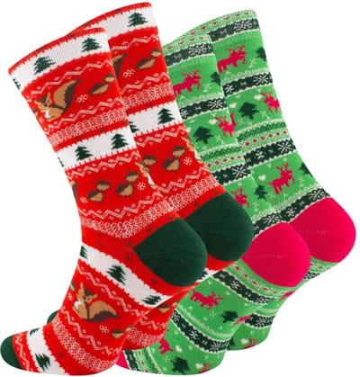 Kerstsokken Set - 2 paar Sokken met Rendieren, Eekhoorns & Kerstbomen - Maat 36-40 - Dames Winter Sokken Groen & Rood