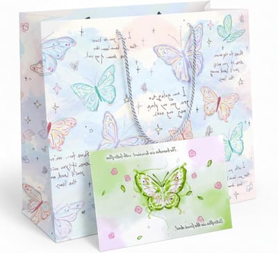 Cadeautas met handvat – vlindermotief zak 24 x 20 x 10 cm – stevige papieren tas voor feesten, verjaardagen en speciale gelegenheden, inclusief vlinder-ansichtkaart