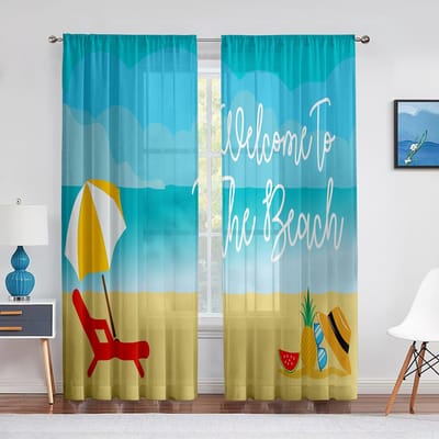 Oceaan Zomer Strand Zonlicht Zeewater Tule In Transparante Gordijnen voor Woonkamer Slaapkamer Keuken Raambekleding Chiffon Gordijn 1 PCS W100XH250cm&Grommet Top