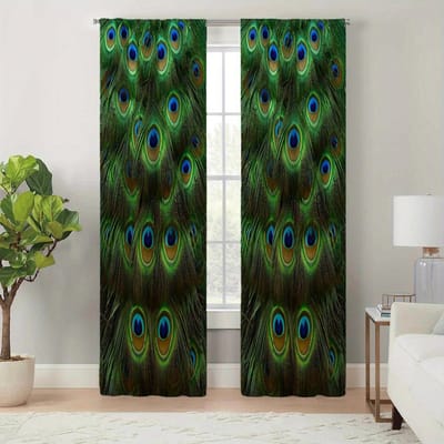 2-Delige Set Pauwenveer Print Gordijnen Boheemse Stijl Polyester Gordijnen Voor Woonkamer Slaapkamer Keuken Raam Jaloezieën Decor 100W130H(CM)40x51in&Grommet Top