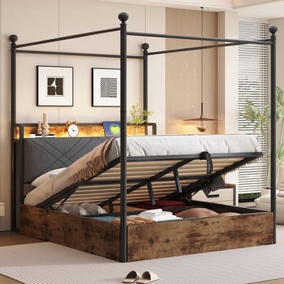 Pugsdrly Multifunctioneel tweepersoonsbed van smeedijzer 140*190, met hydraulisch opklapbare opbergruimte en smeedijzeren baldakijn, met verwijderbare stijlen met ledverlichting en USB/Type-C-poorten, bed voor tieners, zwart