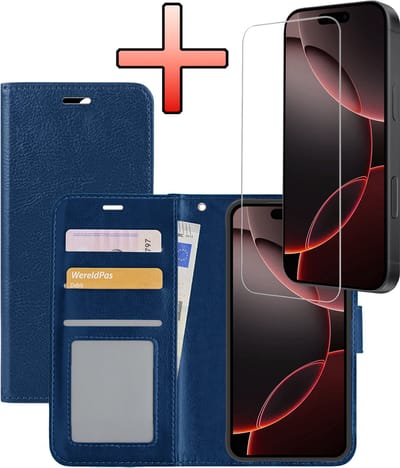 Hoesje - Met Screenprotector - Geschikt voor Apple iPhone 16 Pro - Luxe Pasjeshouder - Bookcase Portemonee - Flip Case - Kunstleer Book Case - Flipcase - Book Cover - Walletcase - Portemonneehoes - Donkerblauw
