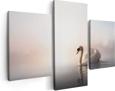 Artaza Canvas Schilderij Drieluik Zwaan in het Water tijdens de Mist - 90x60 - Foto Op Canvas - Canvas Print