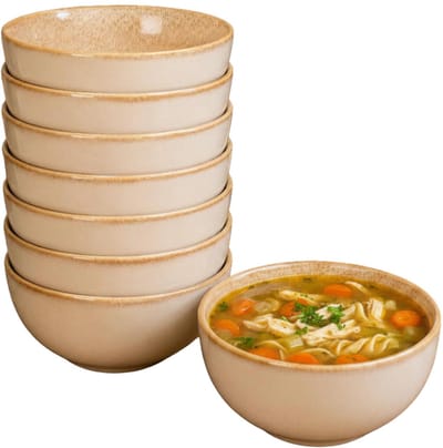 Excellent Houseware Soepkom Kenji - set van 8x - beige - 14 x 7 cm - keramiek - schaaltjes - 580 ml