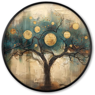 Poster in lijst Rond - Fotolijst 60x60 cm - Posters - Boom - Abstract - Bruin - Goud - Industrieel - Ronde posterlijst zwart - Decoratie - Wanddecoratie woonkamer - Muurdecoratie slaapkamer