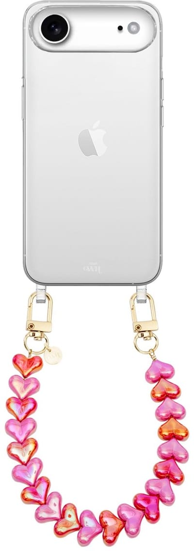 xoxo Wildhearts siliconen hoesje - Geschikt voor iPhone 17 Air hoesje - Funky Hearts (Pink & Red Metallic) - Telefoonhoesje - Hoesje met koord - Roze en Rood koord - kort telefoonkoord - Hartjes ketting - Transparant hoesje