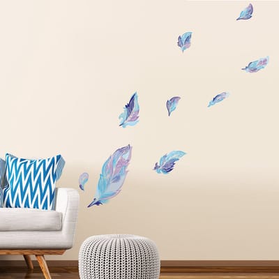 Muurstickers - Bohemian 9 blauwe veren - Transparante achtergrond - 30x30cm