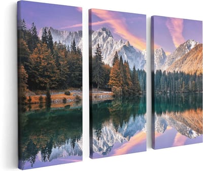 Artaza Canvas Schilderij Drieluik Meer Met Weerspiegeling Van De Bergen - 120x80 - Foto Op Canvas - Canvas Print