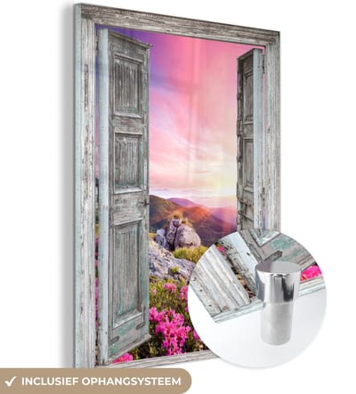 MuchoWow® Glasschilderij 30x40 cm - Schilderij acrylglas - Bergen - Landschap - Doorkijk - Bloemen - Foto op glas - Schilderijen