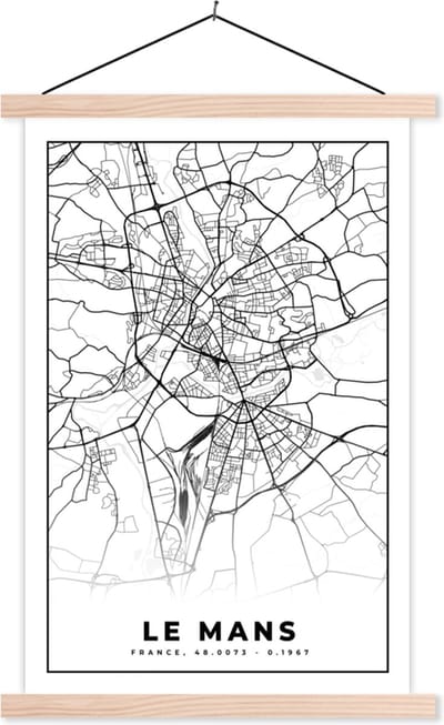 Posterhanger incl. Poster 40x60 cm - Schoolplaat - Plattegrond - Kaart - Le Mans - Frankrijk - Stadskaart - Zwart wit - Textielposter - Blanke latten - Stadskaart