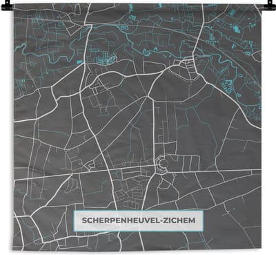 Wandkleed - Wanddoek - België – Scherpenheuvel Zichem – Stadskaart – Kaart – Blauw – Plattegrond - 180x180 cm - Wandtapijt