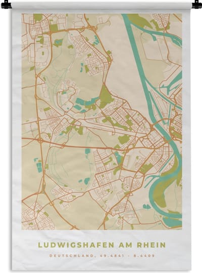 Wandkleed - Wanddoek - Kaart - Ludwigshafen am Rhein - Vintage - Plattegrond - Stadskaart - 120x180 cm - Wandtapijt