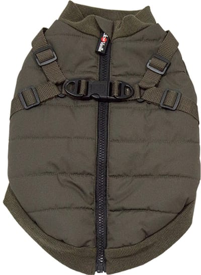 Jack and Vanilla Hondenjas met Harnas – Warme Pufferjas met Fleecevoering – Bruin - Hondenjas met Tuigje - Maat XS: Ruglengte: 25 cm