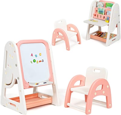 COSTWAY 2 In 1 Kinder Kunst Schildersezel, Dubbelzijdig Magnetisch Droog wisbord en Kinder boekenrek met Stoel en Opvouwbaar Bureaublad, Verstelbare Staande Schildersezel met Letters en Cijfers Magneten, 4 Markers en 1 Gum (Oranje)