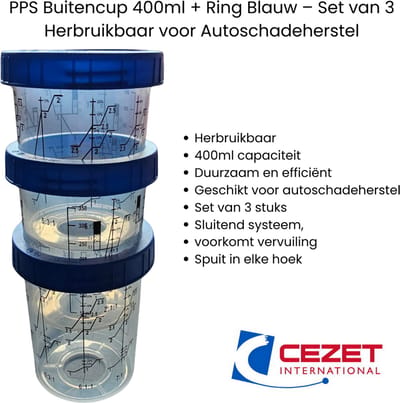 PPS Buitencup 400ml + Ring Blauw – Set van 3 Stuks – Herbruikbaar Verfspuit Systeem voor Autoschadeherstel