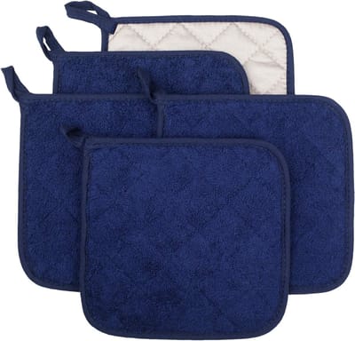 5-delige katoenen keukenset voor elke dag - Badstof pannenlappen - Hittebestendige pannenlappen - Kook- en bakpannenlappen - Donkerblauw