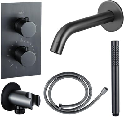 FugaFlow Eccelente Acces Badkraan set - uitloop - 22cm inkortbaar - metalen slang - staafhanddouche - inbouwdeel - wandhouder - geborsteld gunmetal PVD