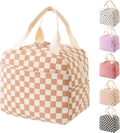 VHV - Lunchtas - Lunchtas dames - Geïsoleerde lunchtas - Geïsoleerde lunchbox voor dames - Corduroy geïsoleerde lunchtas - Voor school - Kantoor - Picknick - Koffiekleurig ruitpatroon