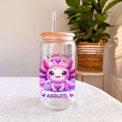 Creasowl® Glazen Koffiebeker met Axolotl Design – 500ml Tumbler met Deksel & Glazen Rietje – Herbruikbare Theebeker, Ijskoffiebeker & Smoothieglas – Schattige Drinkbeker voor Koude Dranken – Cadeau Vrouwen & Meiden