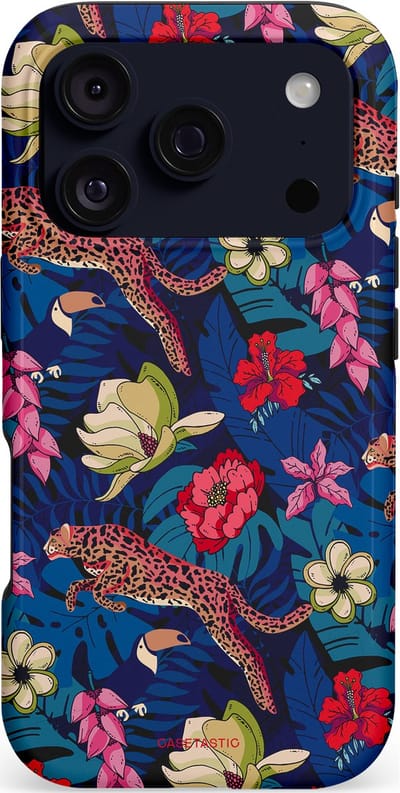 Casetastic hoesje geschikt voor Apple iPhone 17 Pro - MagSafe - Dubbellaagse bescherming - Jungle parade - Fashion Case - Donkerblauw Bordeaux Taupe Donkergrijs