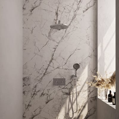 Brauer Chrome Carving thermostatische inbouw regendouche met drukknoppen SET 56 met 30 cm douchekop en rechte muurarm en 3-standen handdouche en doucheslang en wandaansluitbocht chroom
