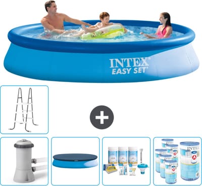 Intex Rond Opblaasbaar Easy Set Zwembad - 366 x 76 cm - Blauw - Inclusief Pomp Afdekzeil - Onderhoudspakket - Filters - Ladder
