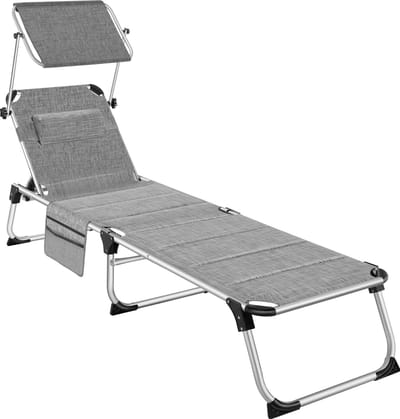 tectake® Ligbed met Zonnedak – Inklapbare Ligstoel met 6 Verstelbare Standen – Zonnebed met Hoofdkussen en Zijvak – Aluminium Frame – Draagvermogen 120 kg – Grijs