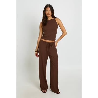 boohoo Dames Zacht Geribbeld Vest En Broek Met Rechte Pijpen Co-ord | Chocoladebruin | Maat: 34