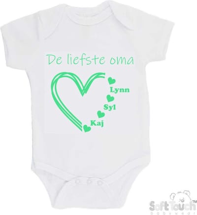 100% katoenen Romper "De liefste oma met de namen van 3 kleinkinderen" Unisex Katoen Wit/mint Maat 62/68