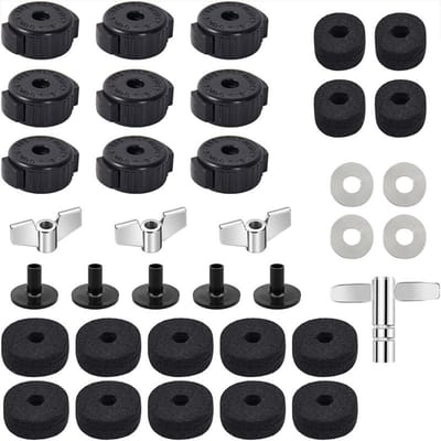 36 Pièces Pièces de Rechange pour Cymbale Kit d'Accessoires de Batterie Écrous à Ailettes Rondelles en Feutre Clé de Batterie Manches en Plastique pour un Verrouillage Sécurisé