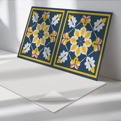 Wallfluent Vinyl Tegels - Bloemenpatroon in Symmetrie Vloer Tegels PVC - 40 cm x 20 cm - Geel PVC Tegels - Set van 10 - Rechthoek PVC Tegels - Patroon Plaktegels - Zelfklevende PVC Tegels - Plaktegels Keuken en Badkamer