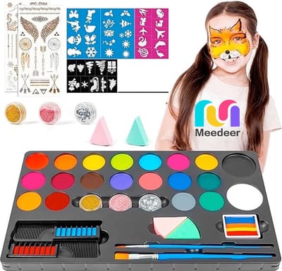 Meedeer Schminkset Kinderen -20 kleuren & 3 penselen & 4 sjablonen & 2 haarkrijten & 3 glitters & 2 spons & 1 Rainbow Paint & 2 tattoostickers- veiligheidscertificering- Make up Kinderen - Grime Schmink palet - Kinderschmink Grimeren