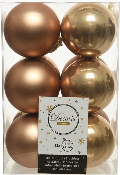 Decoris Kerstballen - 12x st - camel bruin - D6 cm - kunststof - mat/glans - kerstversiering