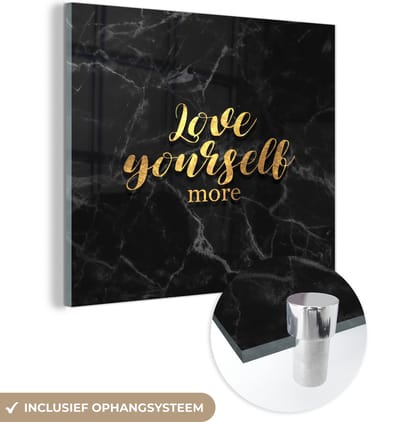 MuchoWow® Glasschilderij 50x50 cm - Schilderij acrylglas - Quotes - Love - Goud - Marmer - Foto op glas - Schilderijen