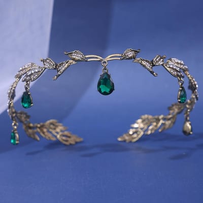 Nieuwe Vintage Kroon Bladeren Waterdruppel Hanger Tiara Bruiloft Haarband Strass Feest Prinses Elf Haarsieraad Sieraden gray