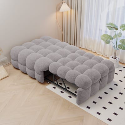 MODFU Slaapbank / Poefbed 183 cm – 2-in-1 design met teddy stof – Slaapbank voor logees & relaxen – Grijs